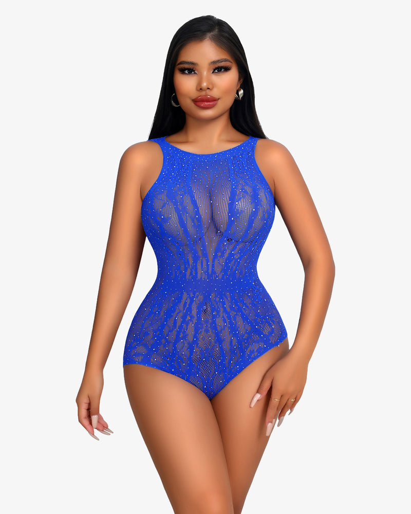 Blue rhinestone teddy lingerie bodysuit, fishnet design for women, sexy and confident