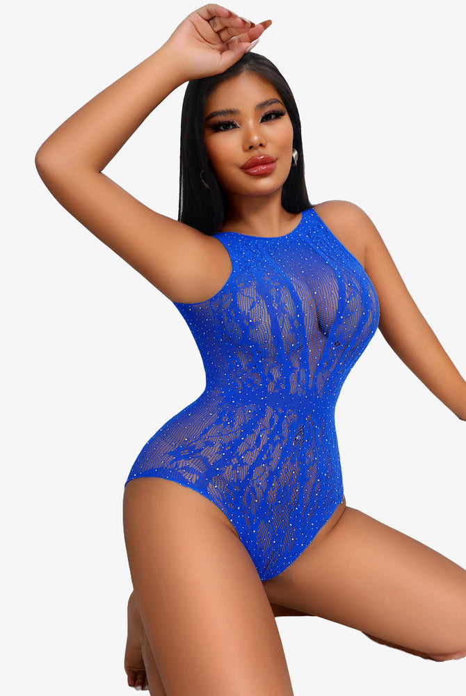 Blue rhinestone teddy lingerie bodysuit with fishnet details for women. Sexy and confident look.