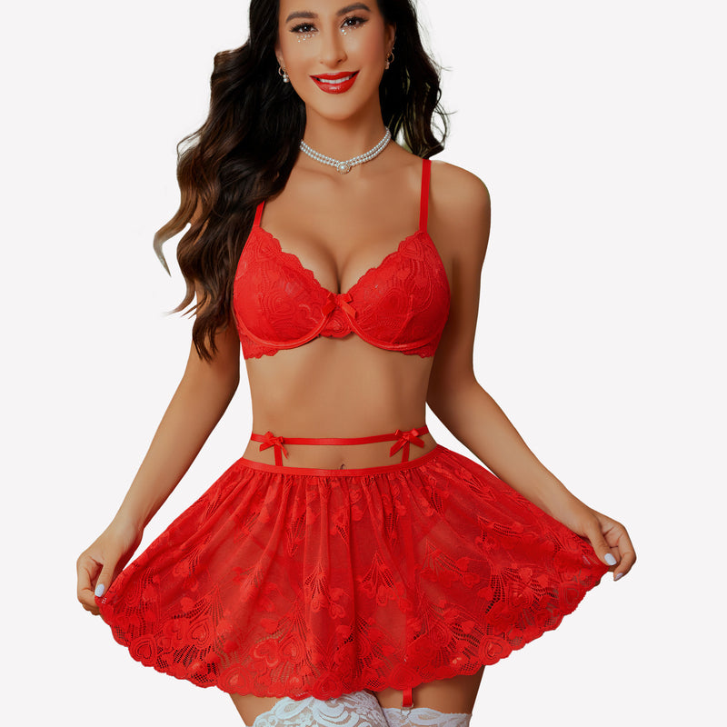 Red lace underwire lingerie set with mini skirt, garter belt, and stockings; ideal for dates