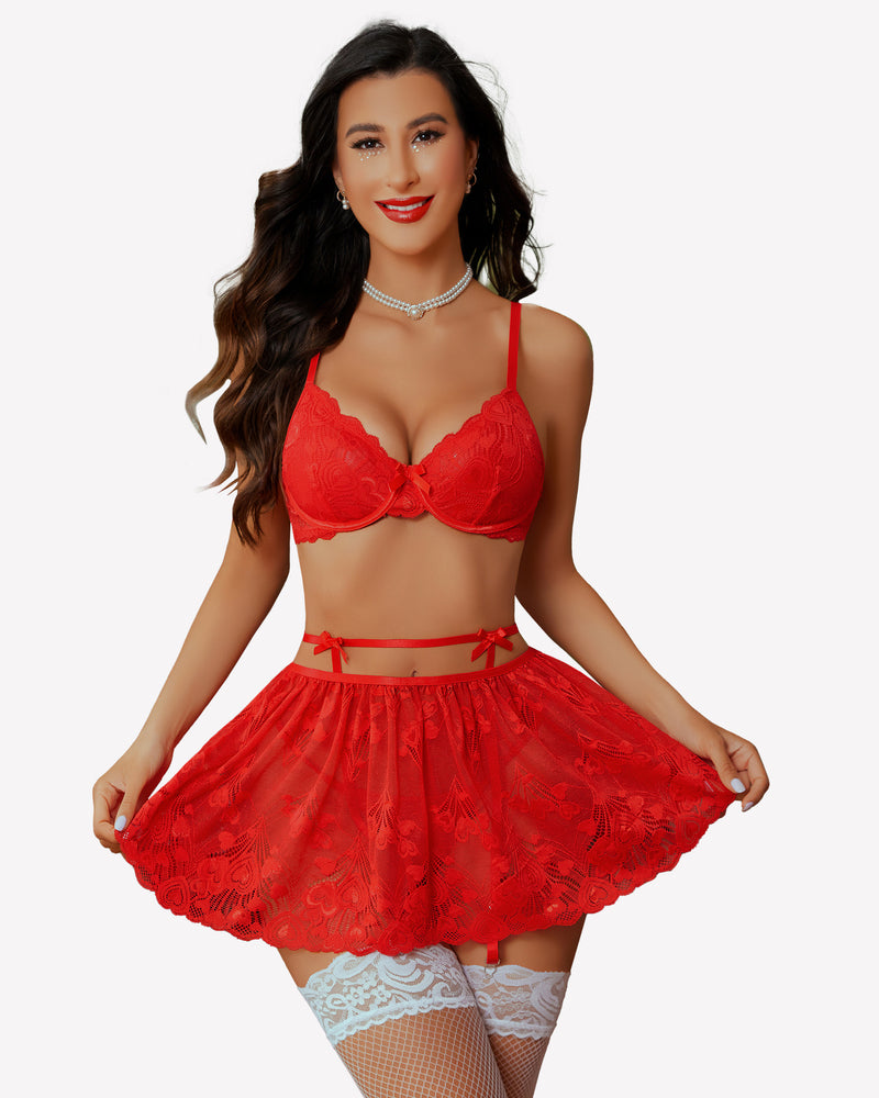 Red lace underwire lingerie set with mini skirt, garter belt, and stockings; ideal for dates