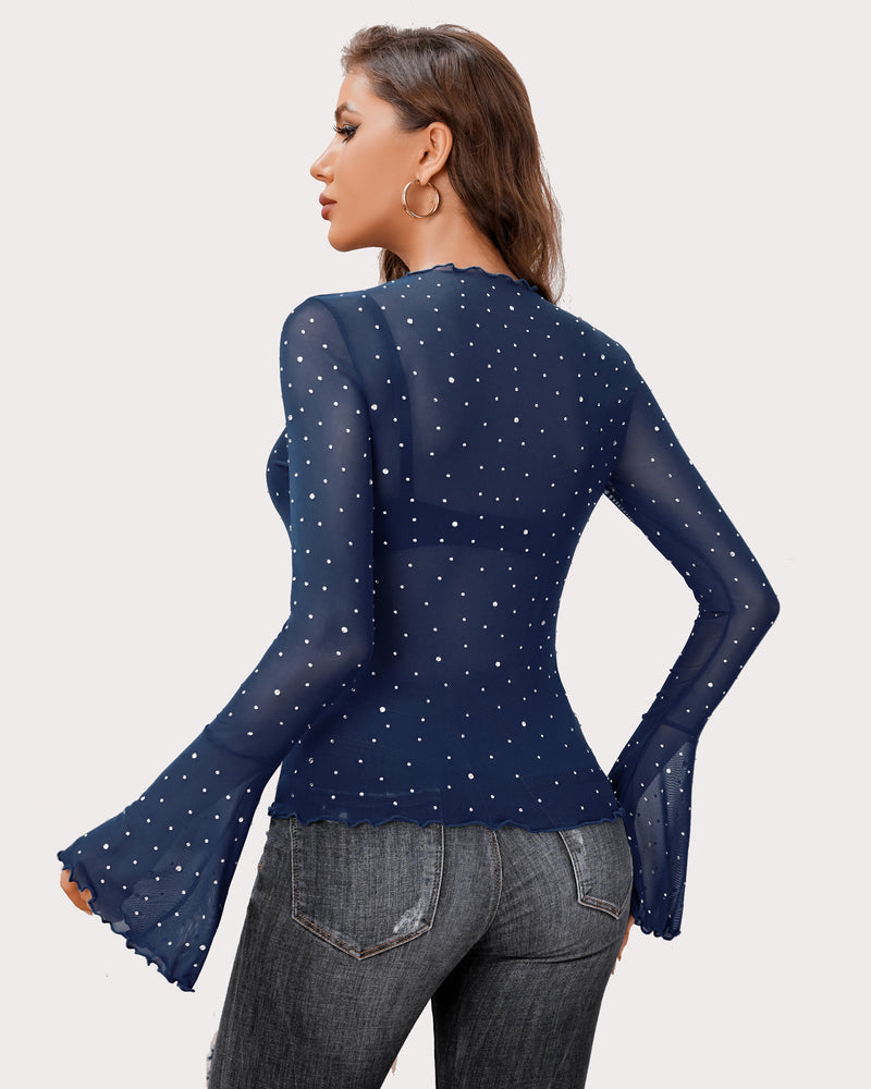 Navy blue mesh rhinestone top with bell sleeves and mock neck. Sexy lingerie for a confident look