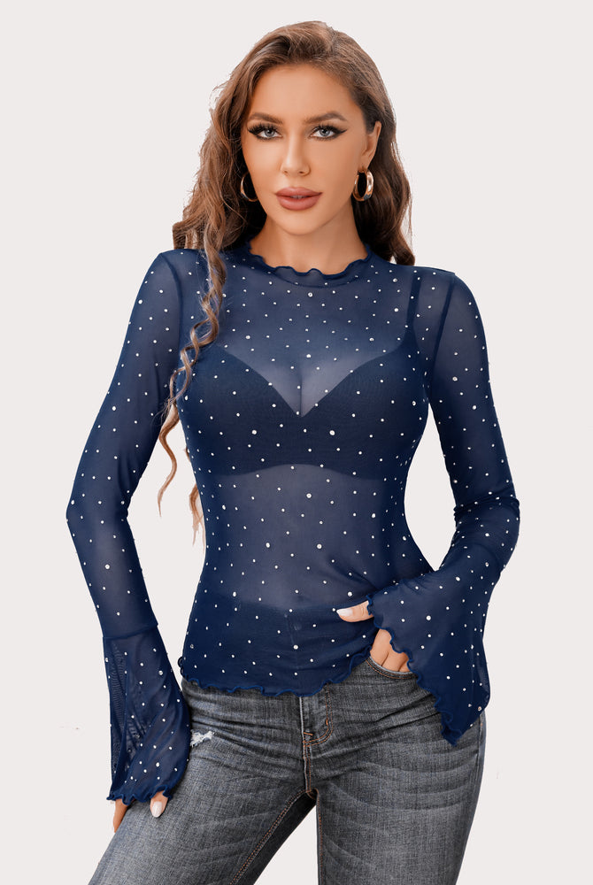 Navy blue mesh top with rhinestone details, bell sleeves, and a mock neck