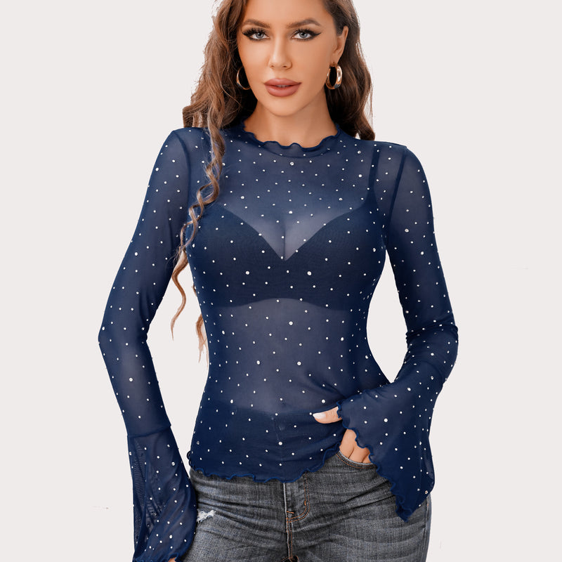 Navy blue mesh top with rhinestone details, bell sleeves, and a mock neck