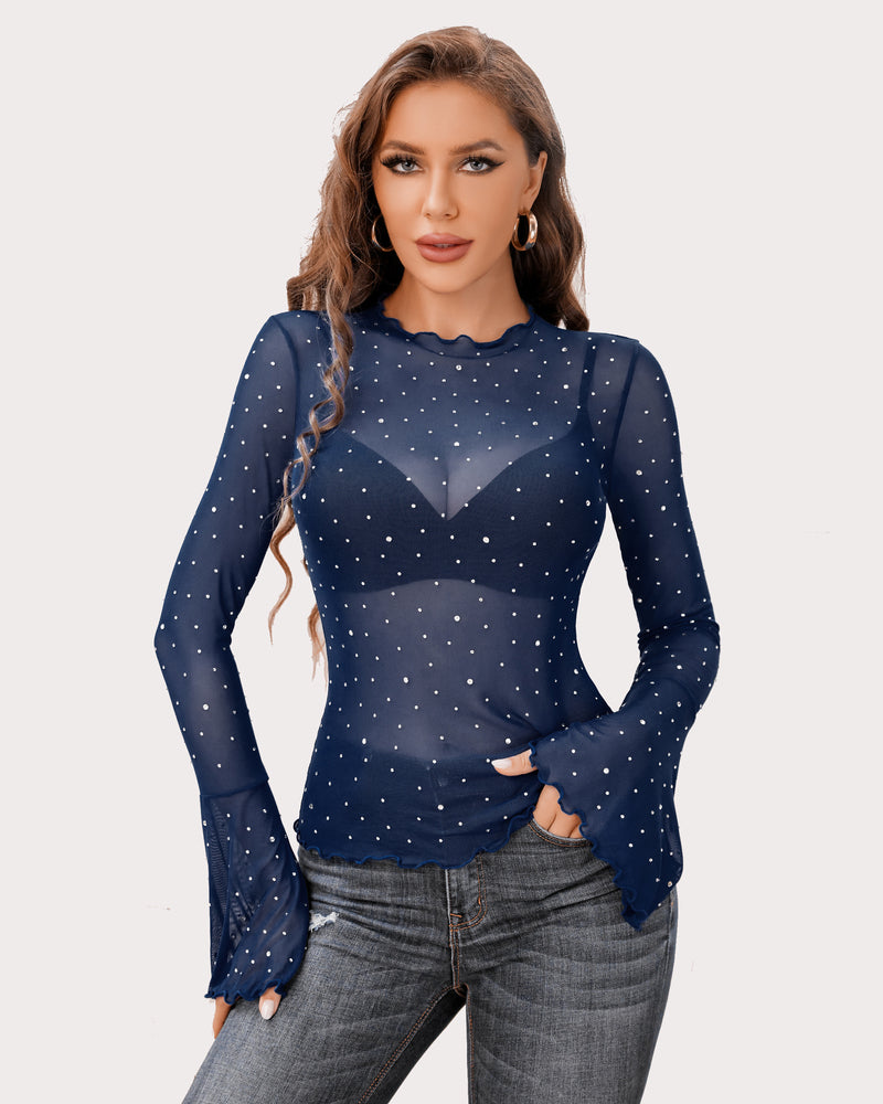 Navy blue mesh top with rhinestone details, bell sleeves, and a mock neck