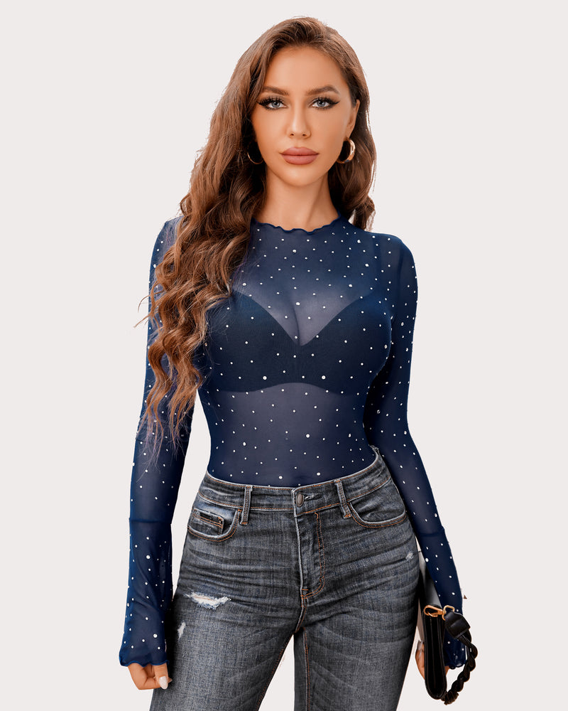 Navy blue mesh rhinestone top with bell sleeves, perfect for a sexy and confident look by Avidlove.