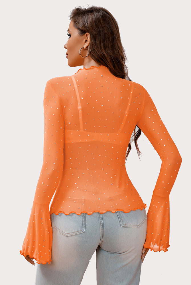 Orange mesh rhinestone top with bell sleeves and mock neck, offering a sexy and confident look.