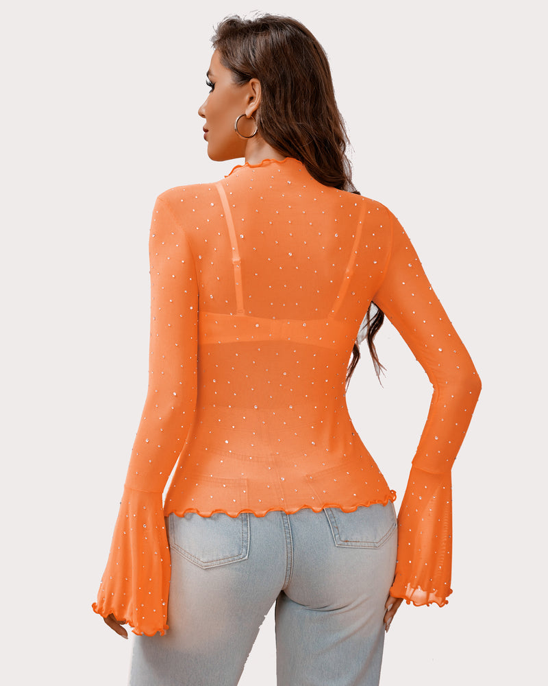 Orange mesh rhinestone top with bell sleeves and mock neck, offering a sexy and confident look.