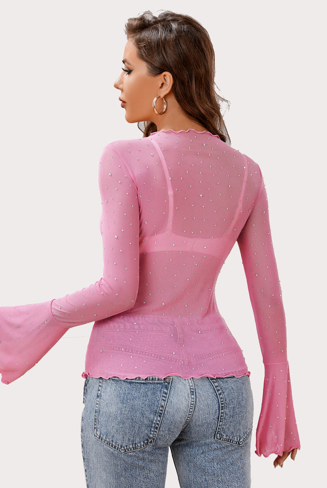Pink mesh rhinestone top with bell sleeves, creating a sexy and confident look by Avidlove
