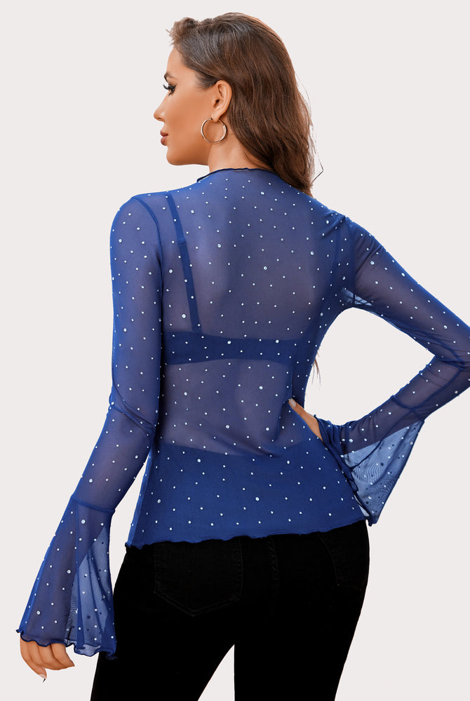 Blue mesh rhinestone top with bell sleeves and mock neck, sexy lingerie for women