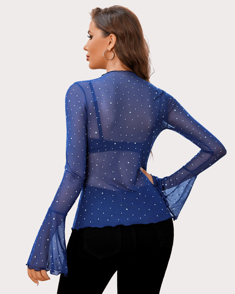 Blue mesh rhinestone top with bell sleeves and mock neck, sexy lingerie for women