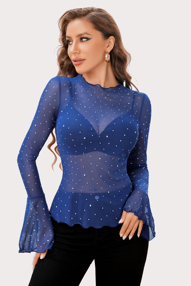 Blue mesh rhinestone top with bell sleeves, mock neck. Sexy and confident look by Avidlove