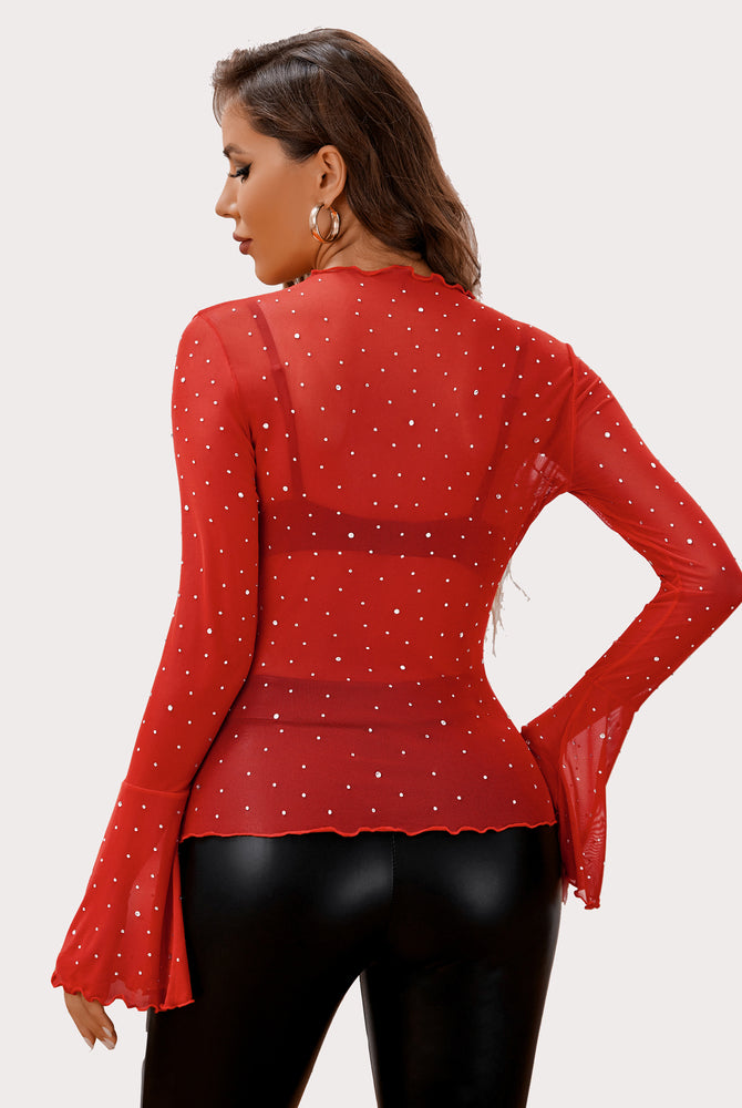Red rhinestone mesh top with bell sleeves, mock neck, and leather pants. Sexy lingerie