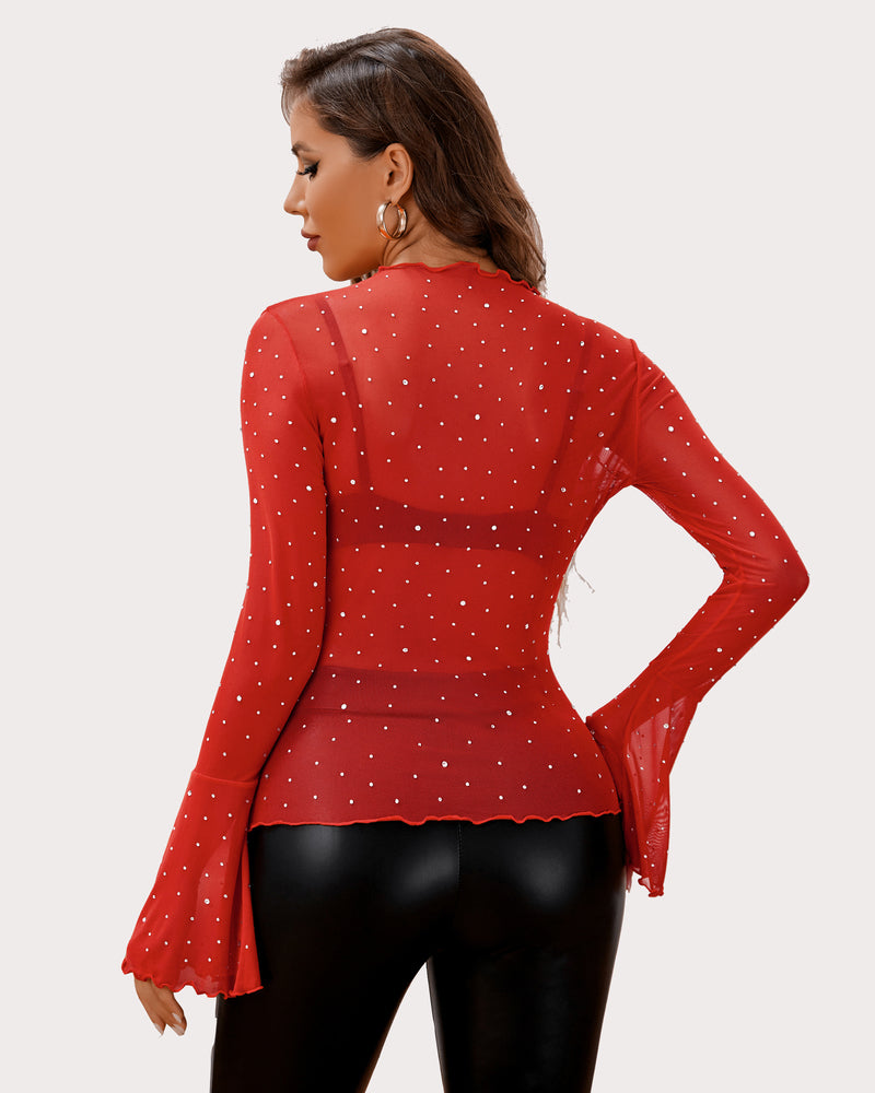 Red rhinestone mesh top with bell sleeves, mock neck, and leather pants. Sexy lingerie