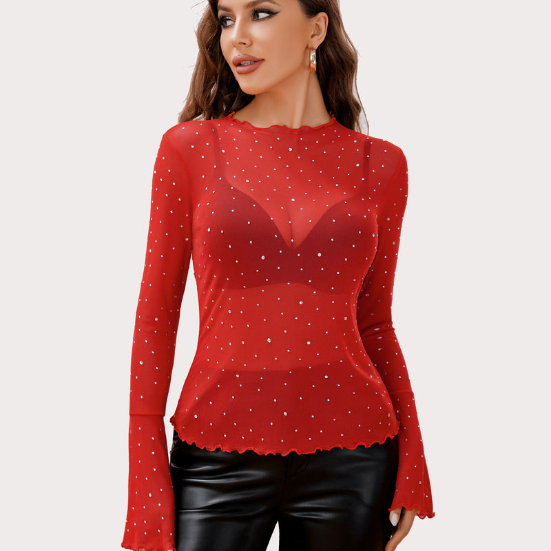 Red mesh rhinestone top with bell sleeves, offering a sexy and confident look.