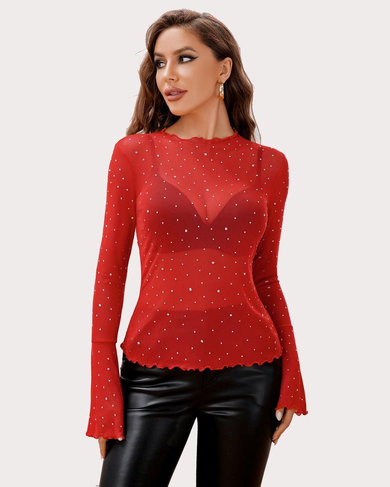 Red mesh rhinestone top with bell sleeves, offering a sexy and confident look.
