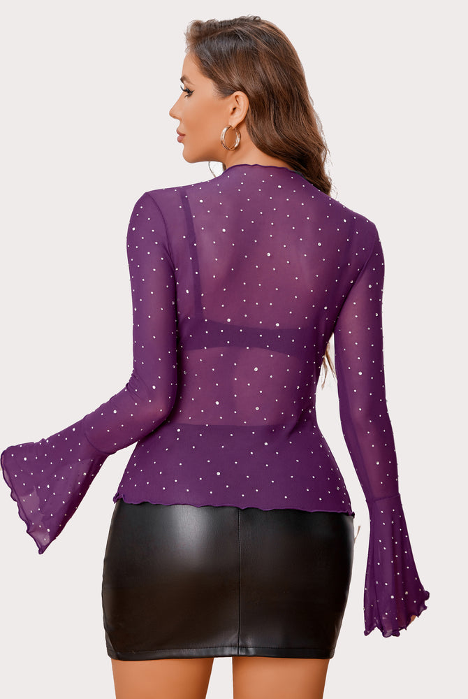Purple mesh rhinestone top with bell sleeves and mock neck, a sexy outfit for confident women.