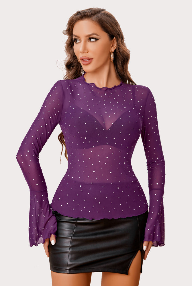 Purple rhinestone mesh top with bell sleeves and mock neck. Sexy lingerie outfit by Avidlove.