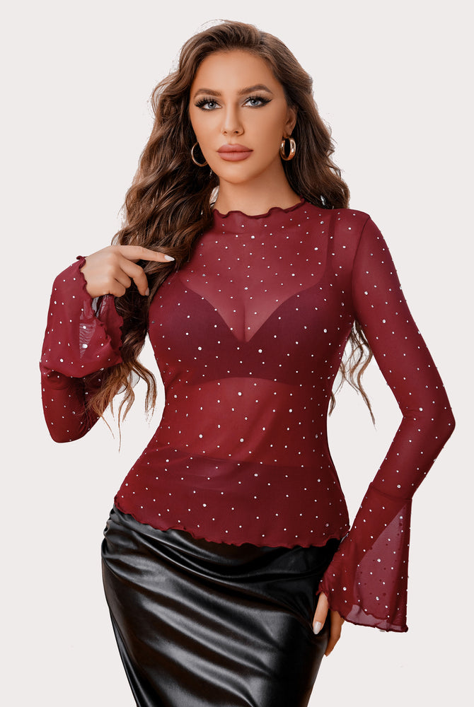 Burgundy mesh rhinestone top with bell sleeves and mock neck. Sexy lingerie for confident women.