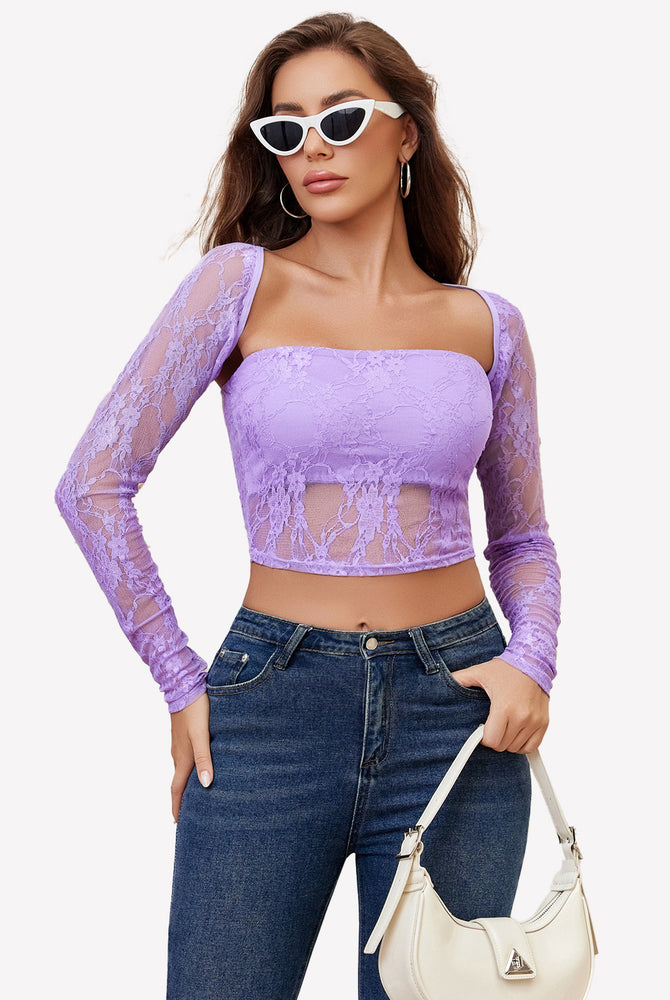 Lavender lace long sleeve crop top and tube top 2-piece outfit, square neck, for women, mesh top.