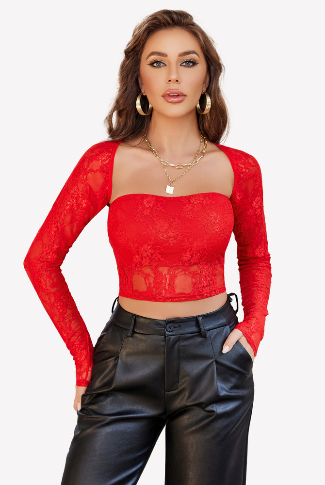 Red lace crop top and tube top 2 piece outfit with square neck for women