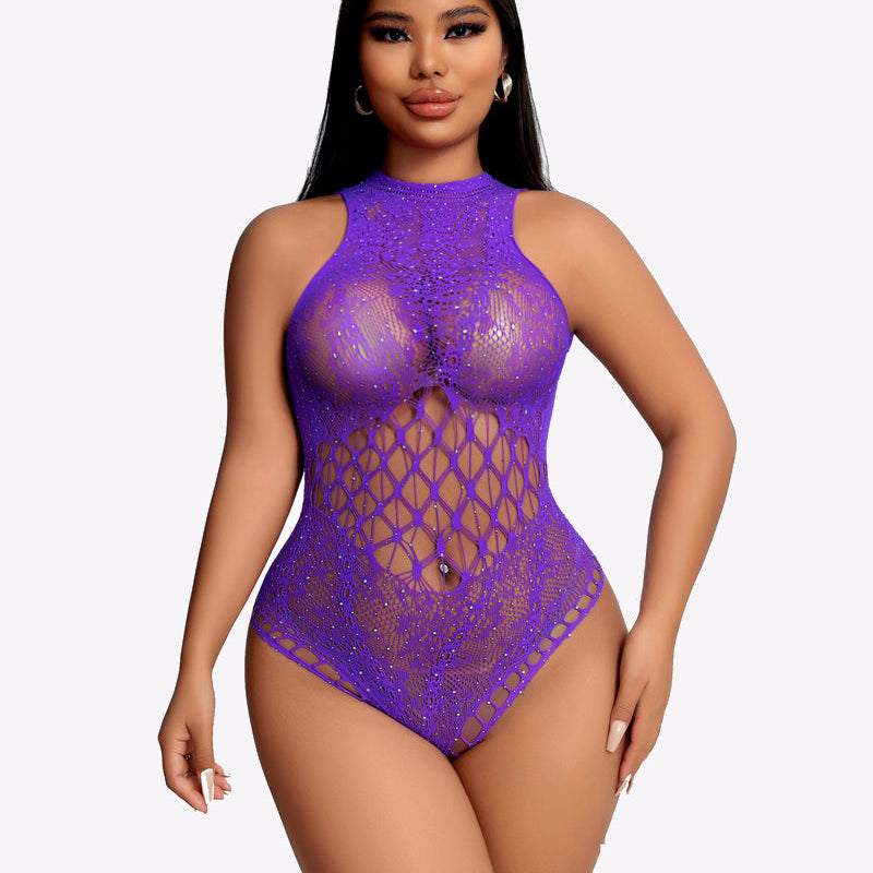 Purple rhinestone fishnet bodysuit, sleeveless high neck with diamond cutout mesh