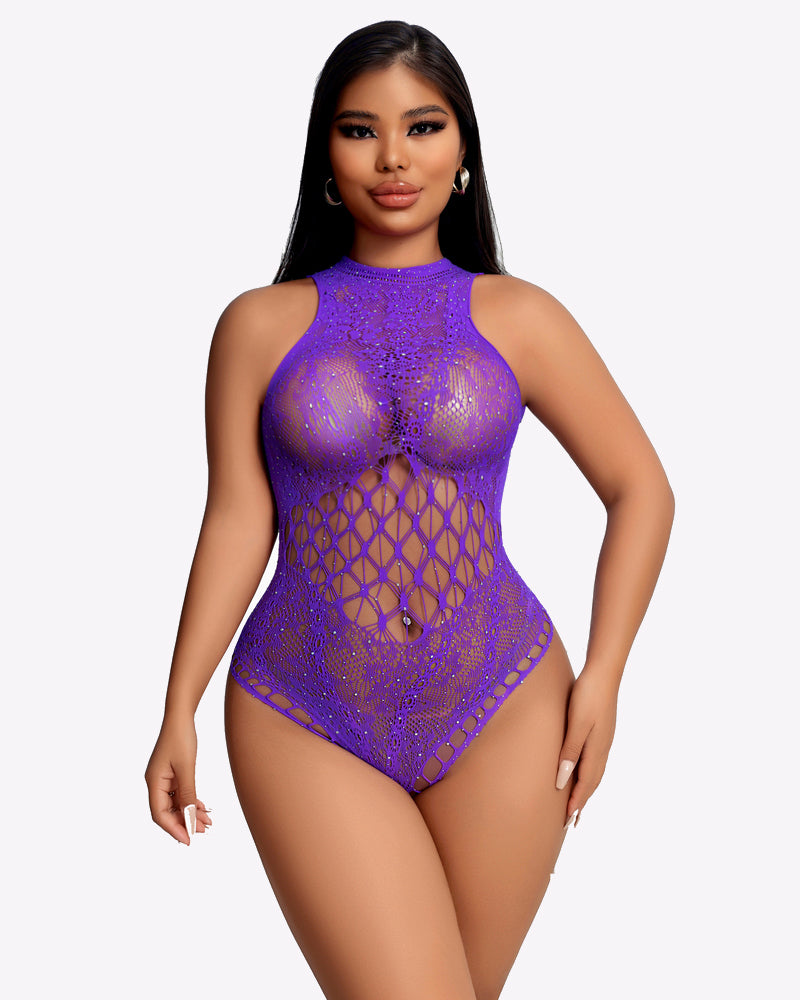 Purple rhinestone fishnet bodysuit with cut-out design and sparkle mesh details.