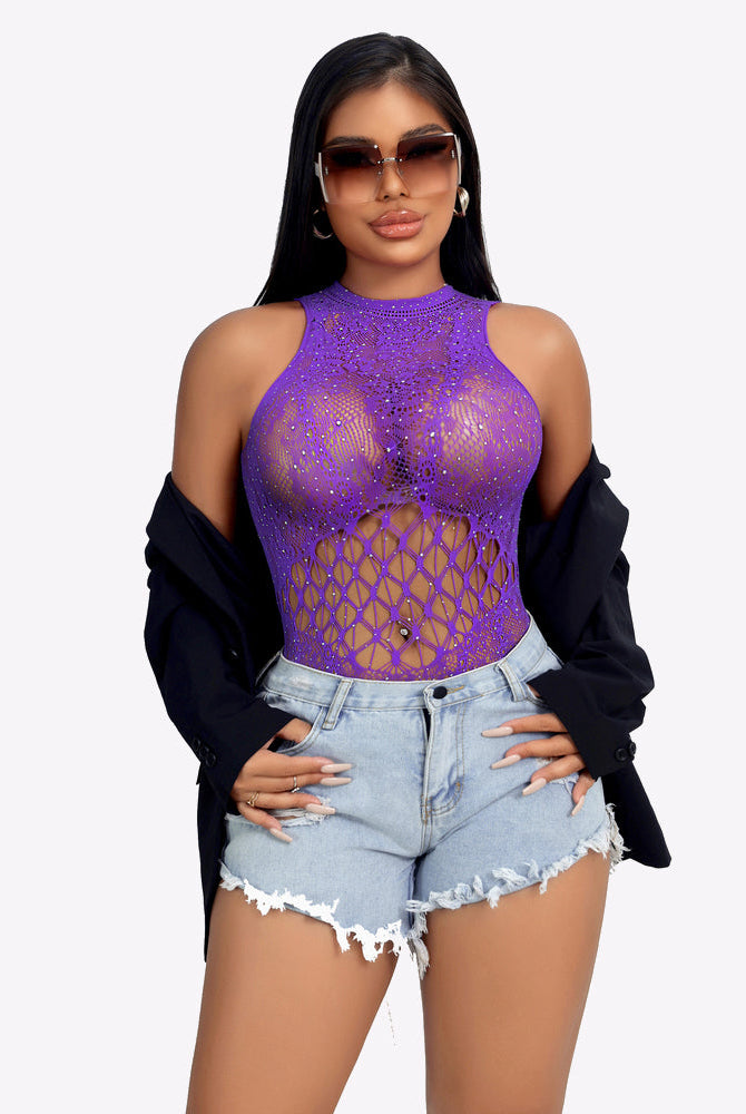 Purple rhinestone fishnet bodysuit, high neck with open lattice midsection