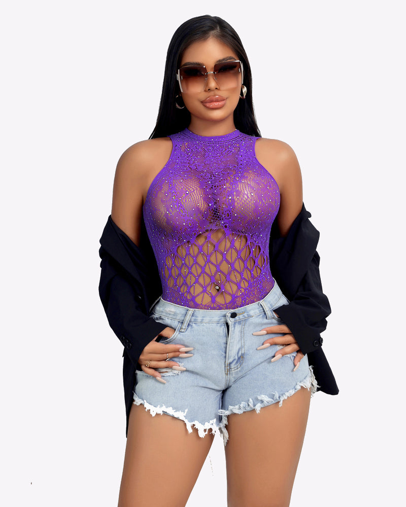 Purple rhinestone fishnet bodysuit, cut-out design, sexy lingerie with mesh details, Avidlove