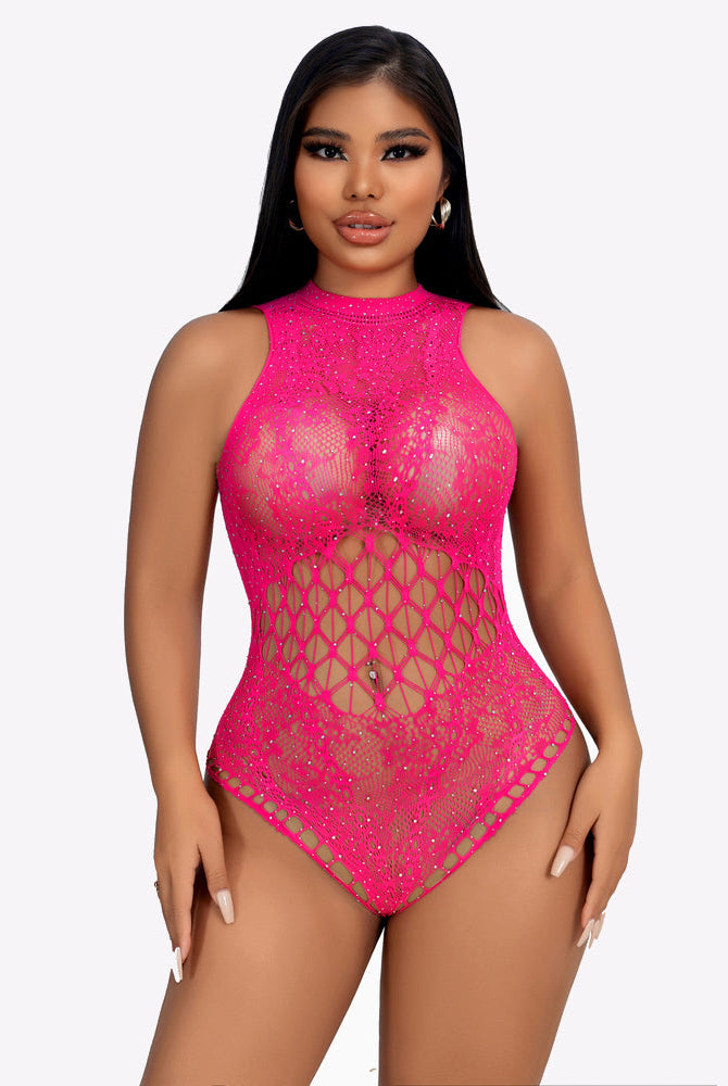 Pink rhinestone fishnet bodysuit with high neck and diamond lattice waist cutouts
