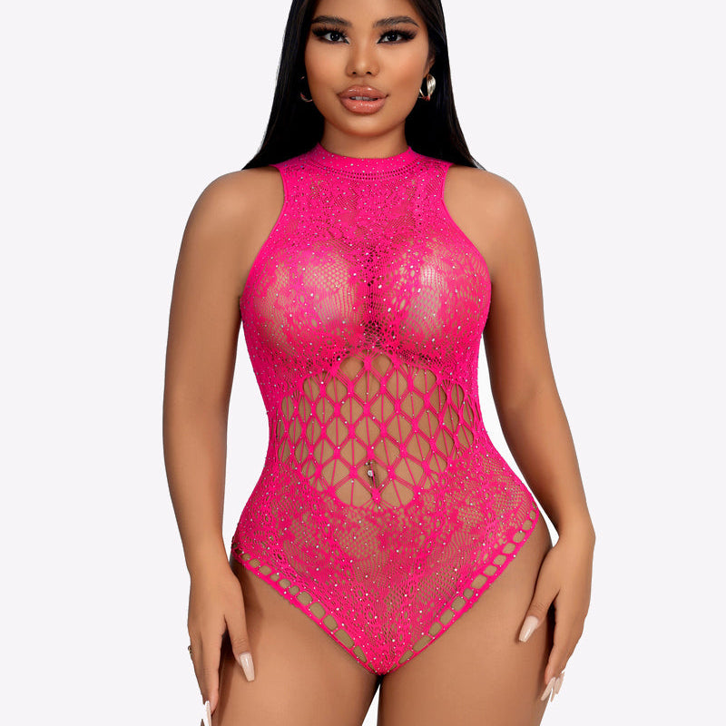 Pink rhinestone fishnet bodysuit with high neck and diamond lattice waist cutouts