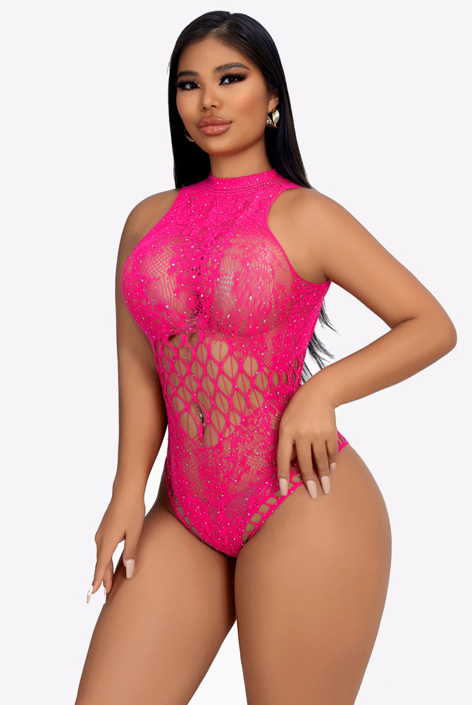Pink rhinestone fishnet bodysuit, sleeveless high neck with open lattice back panel
