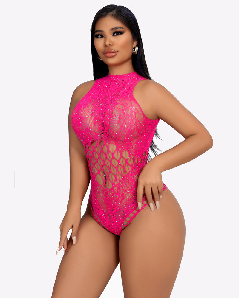 Pink rhinestone fishnet bodysuit with cut-out, mesh, and sparkle detail, Avidlove lingerie