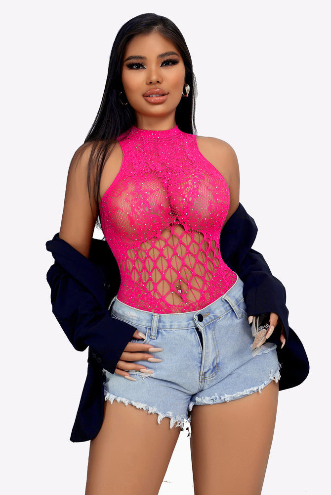 Hot pink rhinestone fishnet bodysuit with high neck and lattice cutout front