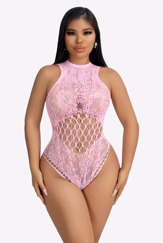Light pink fishnet bodysuit with high neck and diamond lattice cutout front