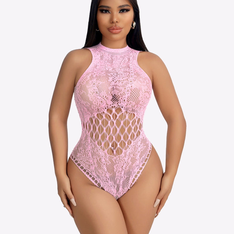 Light pink fishnet bodysuit with high neck and diamond lattice cutout front