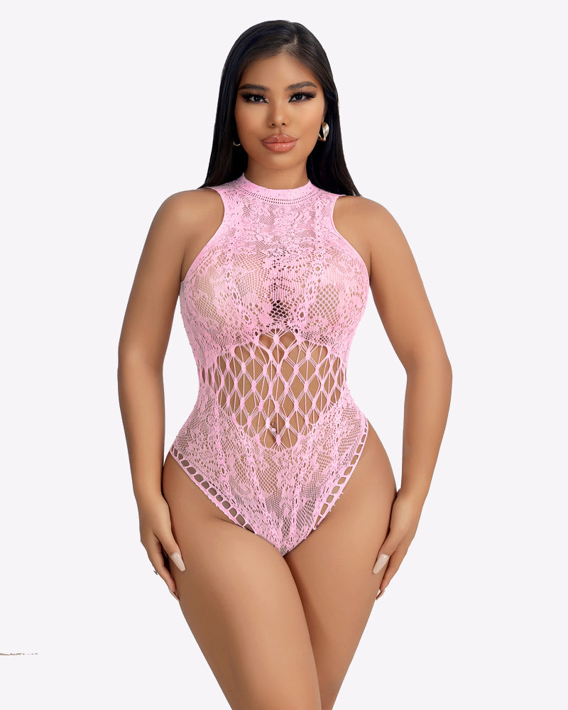 Pink fishnet bodysuit with cut-out design, sexy lingerie for women by Avidlove