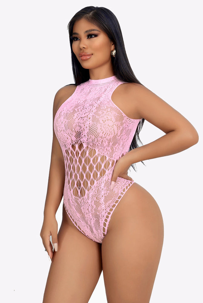 Light pink fishnet bodysuit with high neck and open lattice side cutouts