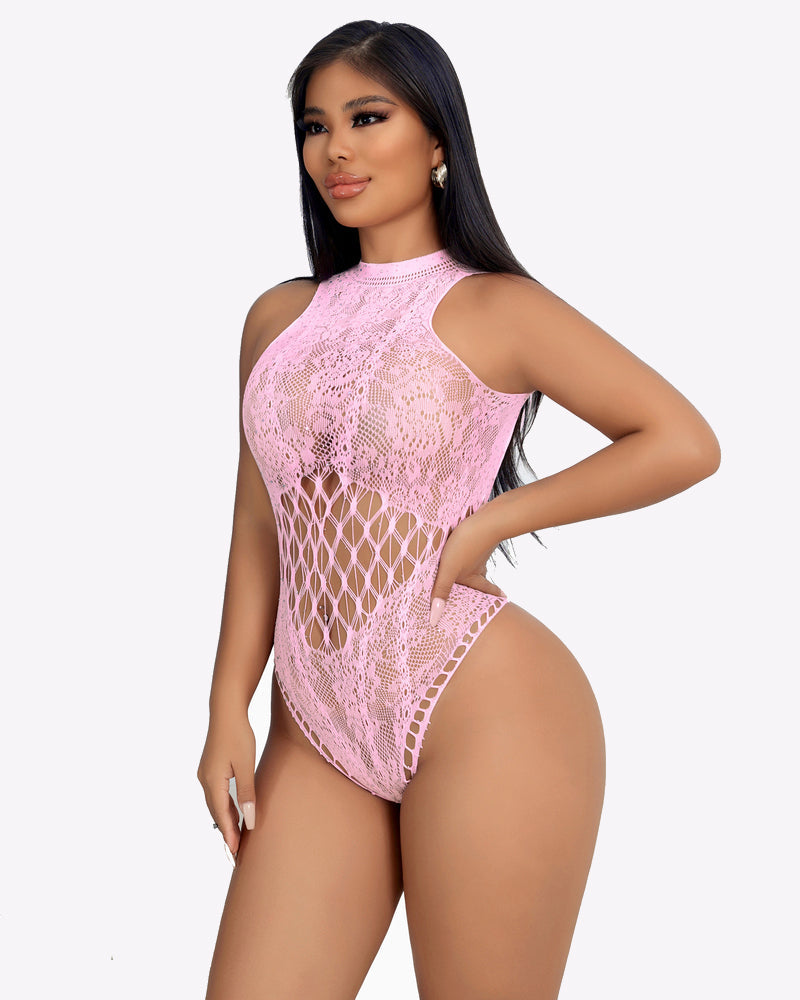 Avidlove pink fishnet bodysuit. Sexy cut-out design, high neck, and mesh detail.