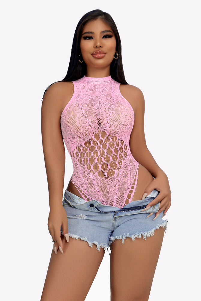 Light pink fishnet bodysuit with high neck and diamond lattice back cutout