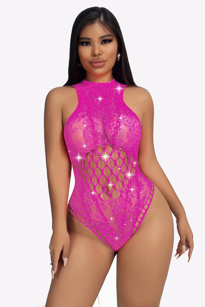Fuchsia rhinestone fishnet bodysuit with high neck and sparkle lattice cutouts