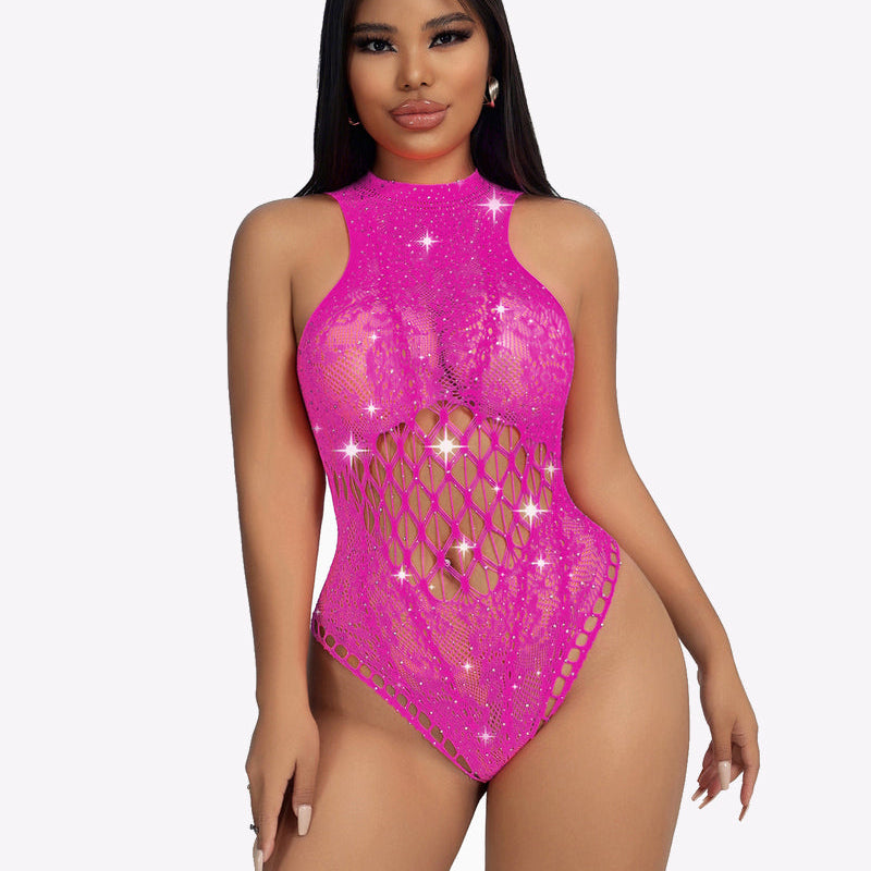 Fuchsia rhinestone fishnet bodysuit with high neck and sparkle lattice cutouts