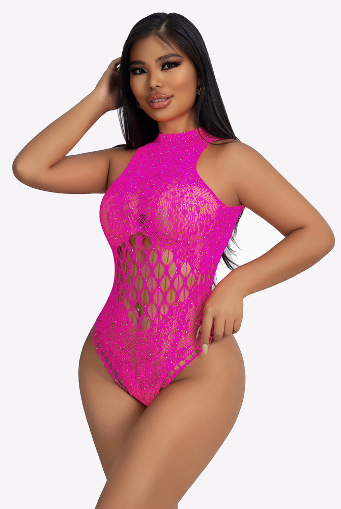 Fuchsia rhinestone fishnet bodysuit with high neck and front lattice cutout