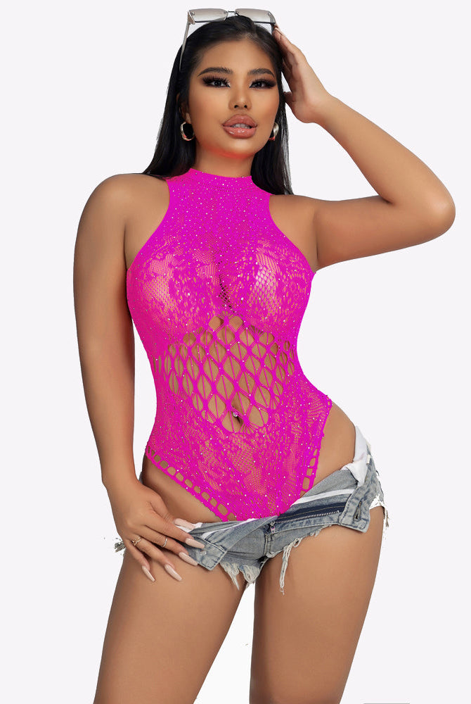 Fuchsia rhinestone fishnet bodysuit with high neck and front sparkle lattice cutout