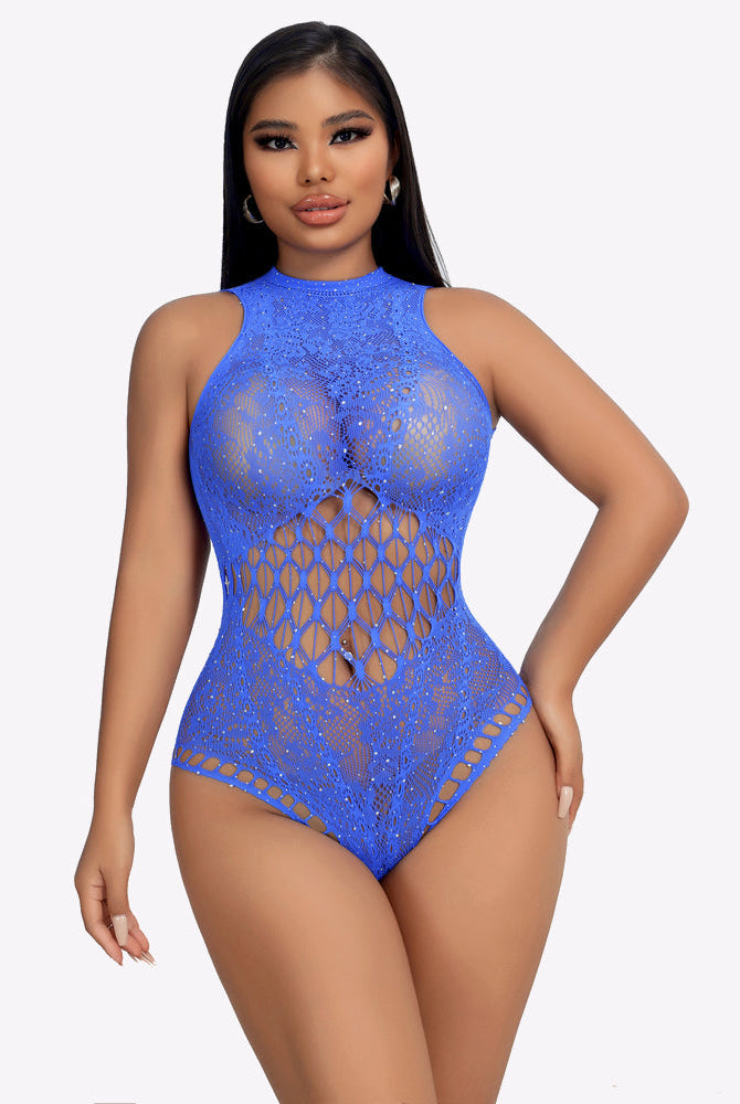 Blue rhinestone fishnet bodysuit, sheer mesh front with crisscross waist