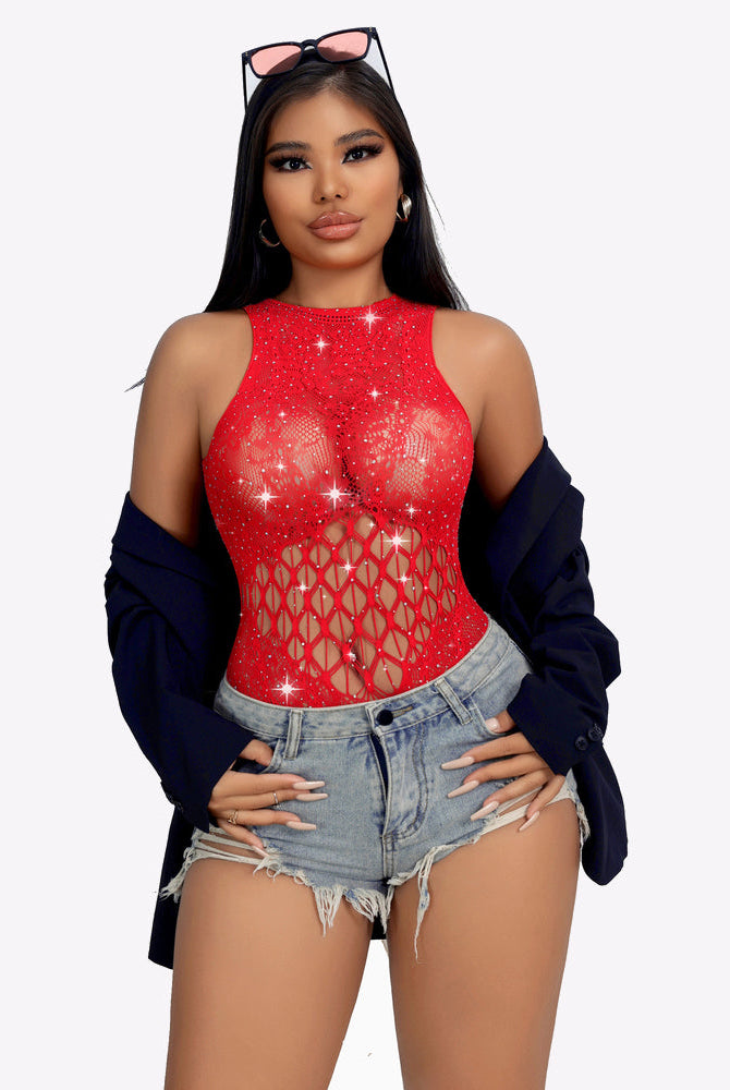 Red rhinestone fishnet bodysuit, lattice midsection with sheer mesh panel