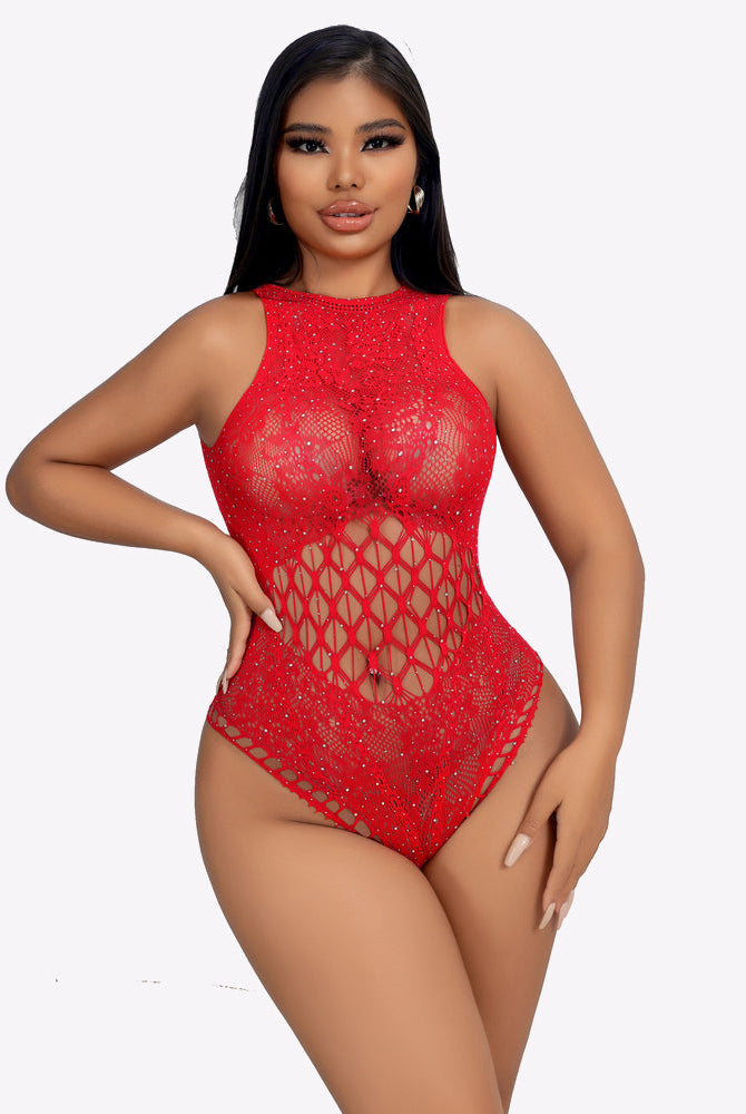 Red rhinestone fishnet bodysuit, high neckline and open lattice waist