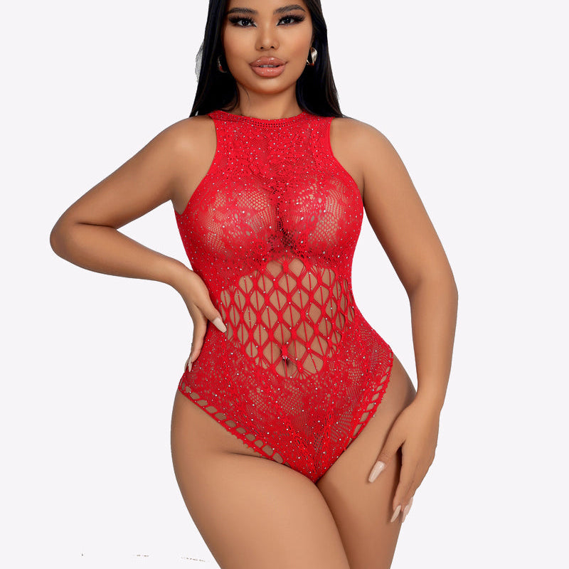 Red rhinestone fishnet bodysuit, high neckline and open lattice waist