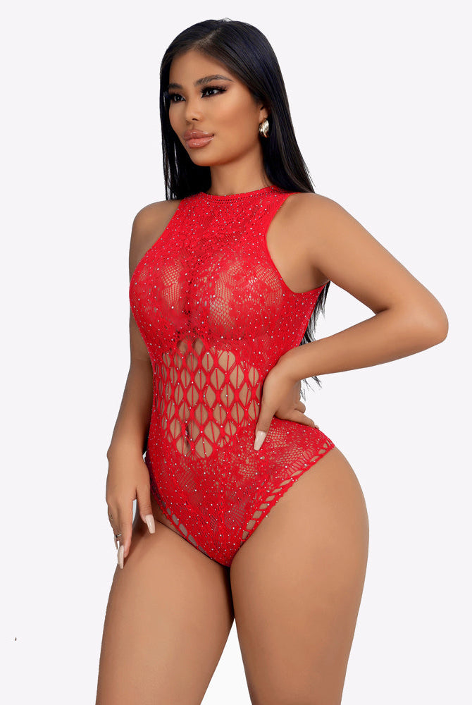 Red rhinestone fishnet bodysuit with side cutout and lattice front