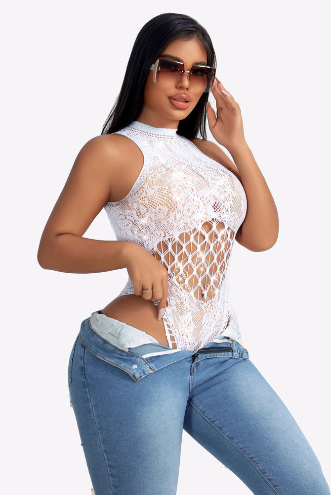 White fishnet rhinestone bodysuit with cutout lattice front and high neckline