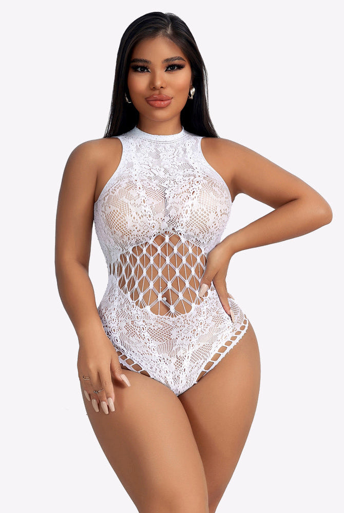 White fishnet rhinestone bodysuit with sleeveless high neck and diamond cutout
